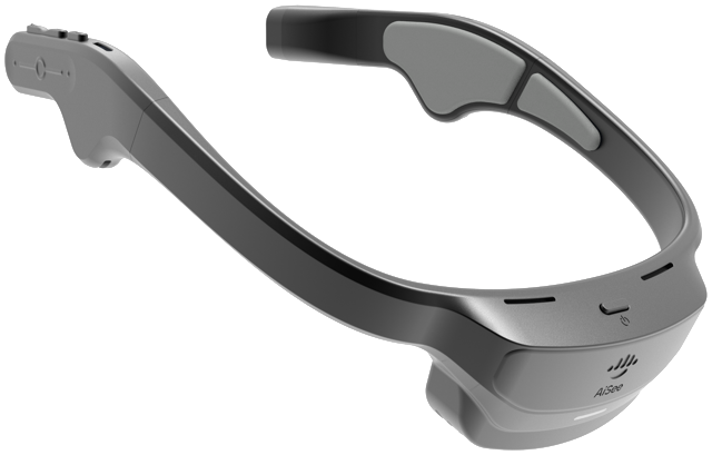 AIsee, a lightweight head-worn band with a forward-facing camera on one arm and open-ear speakers, with no lenses and no display.