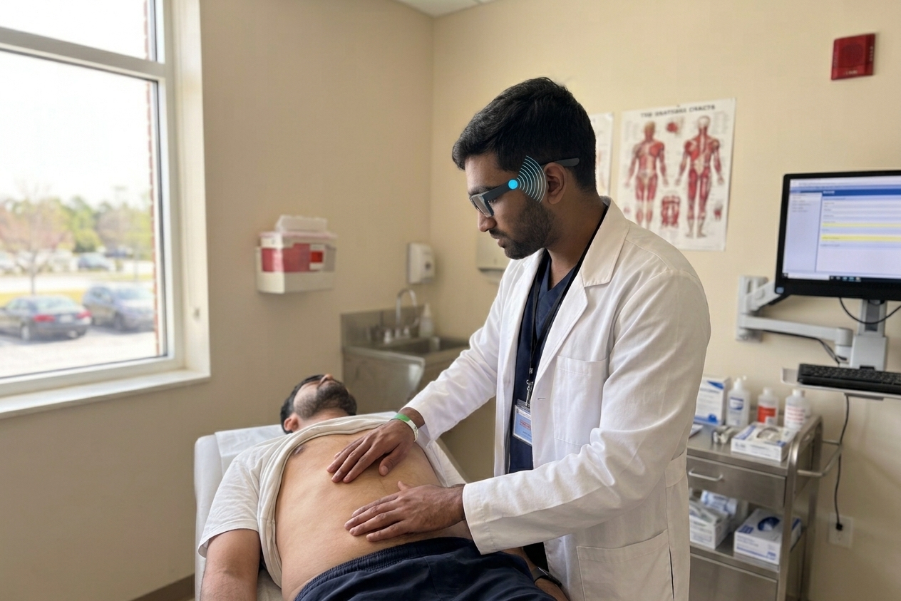 A medical student wearing smart glasses examines a patient&rsquo;s abdomen while sound waves ripple from the glasses&rsquo; speaker: the audio nudge that something is off.