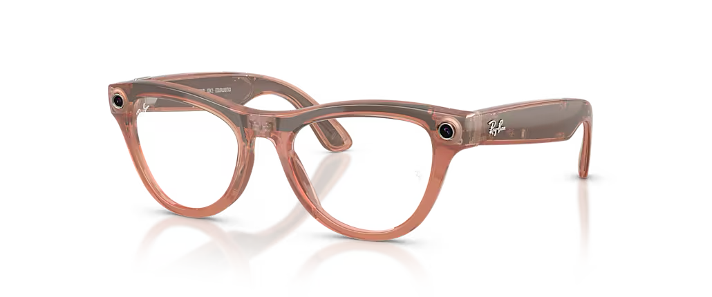 Meta Ray-Ban Display smart glasses, front three-quarter view, with a camera in the corner of each frame.