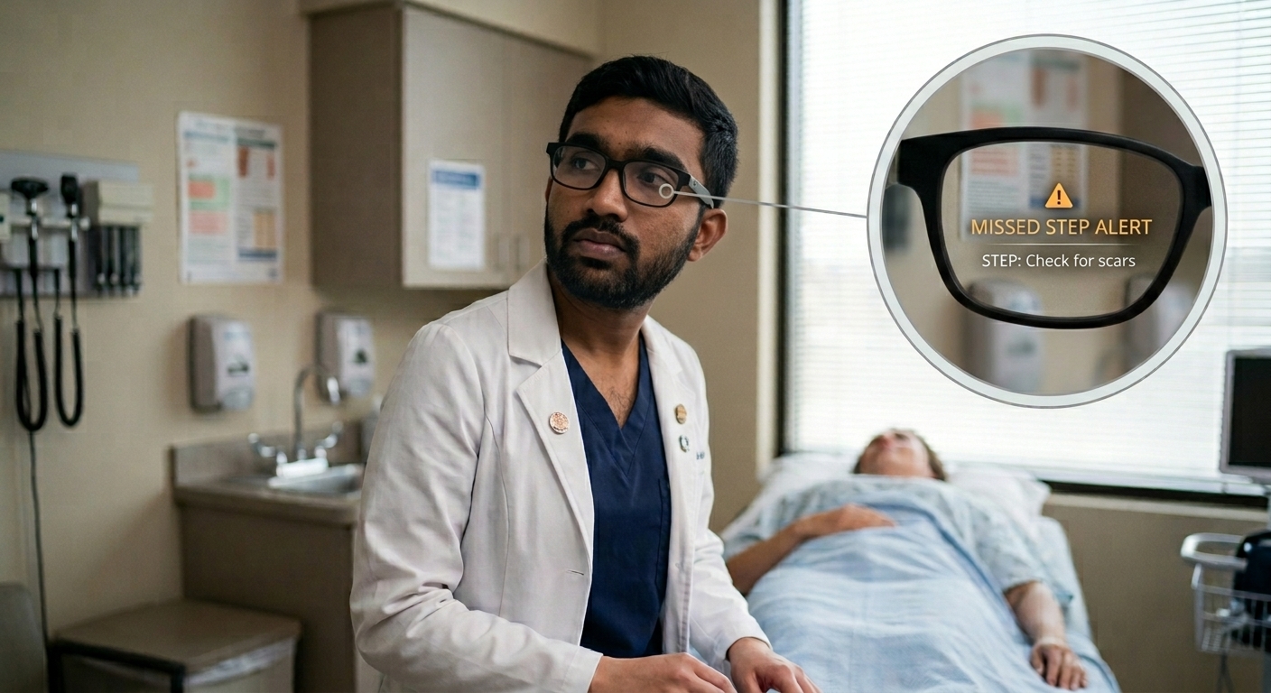 The student glances aside and a magnified view of the lens shows the exact step, a missed step alert reading Check for scars.
